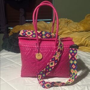 Pink Quilted Shoulder Bag with Colorful Strap